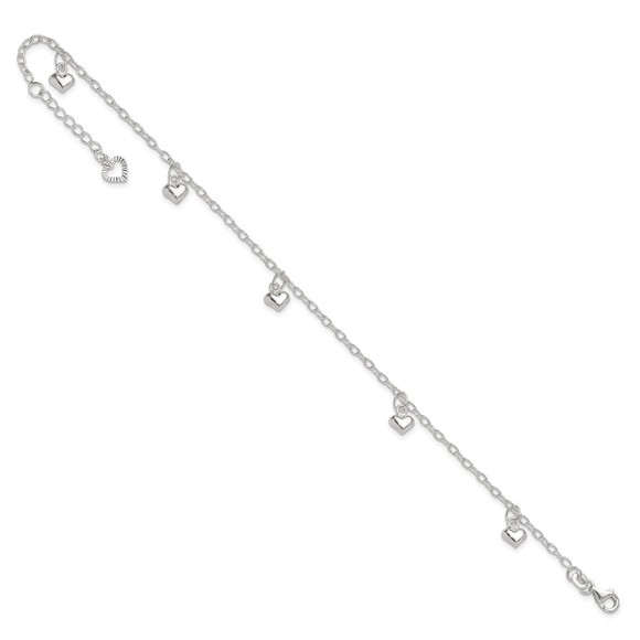 925 Sterling Silver Polished Puffed Heart Charm 9" Plus1" Ext Jewelry Anklet - Picture 7 of 7